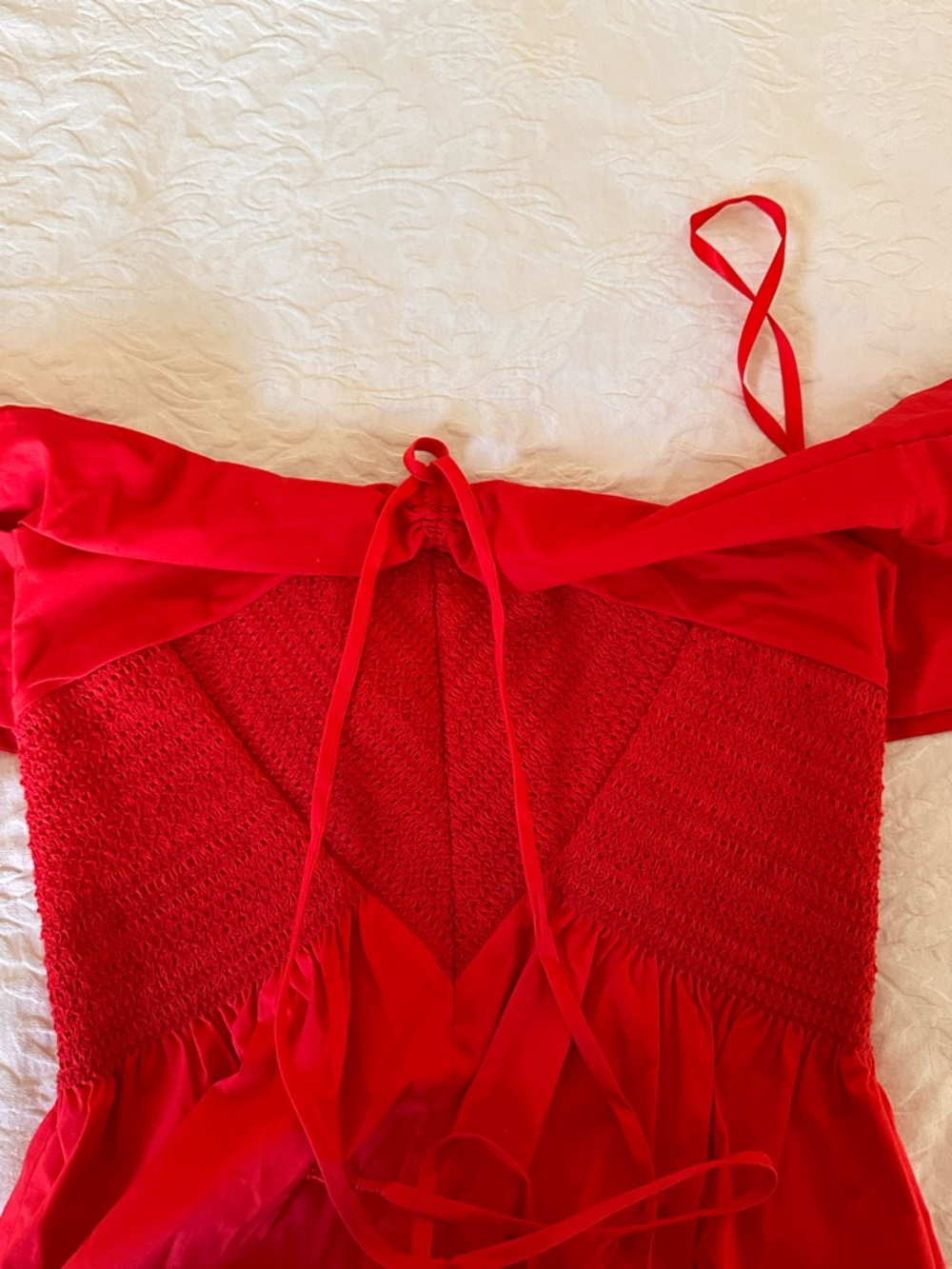 Tanya Taylor Red Off-Shoulder Smocked Peplum Top - Picture 3 of 4